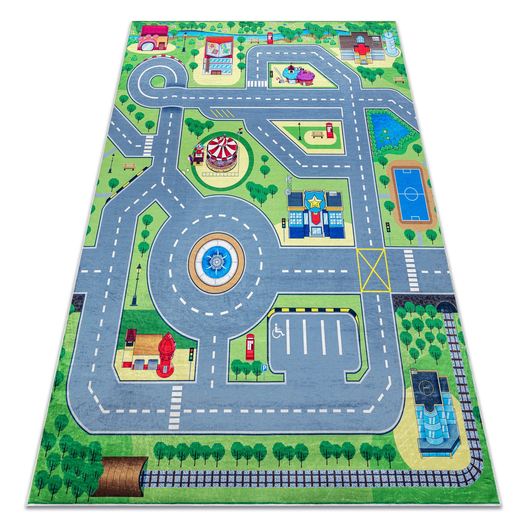 Dywan do prania BAMBINO 9028 Miasto, ulice, uliczki dla dzieci, antypoślizgowy - zielony / szary 140x200 cm