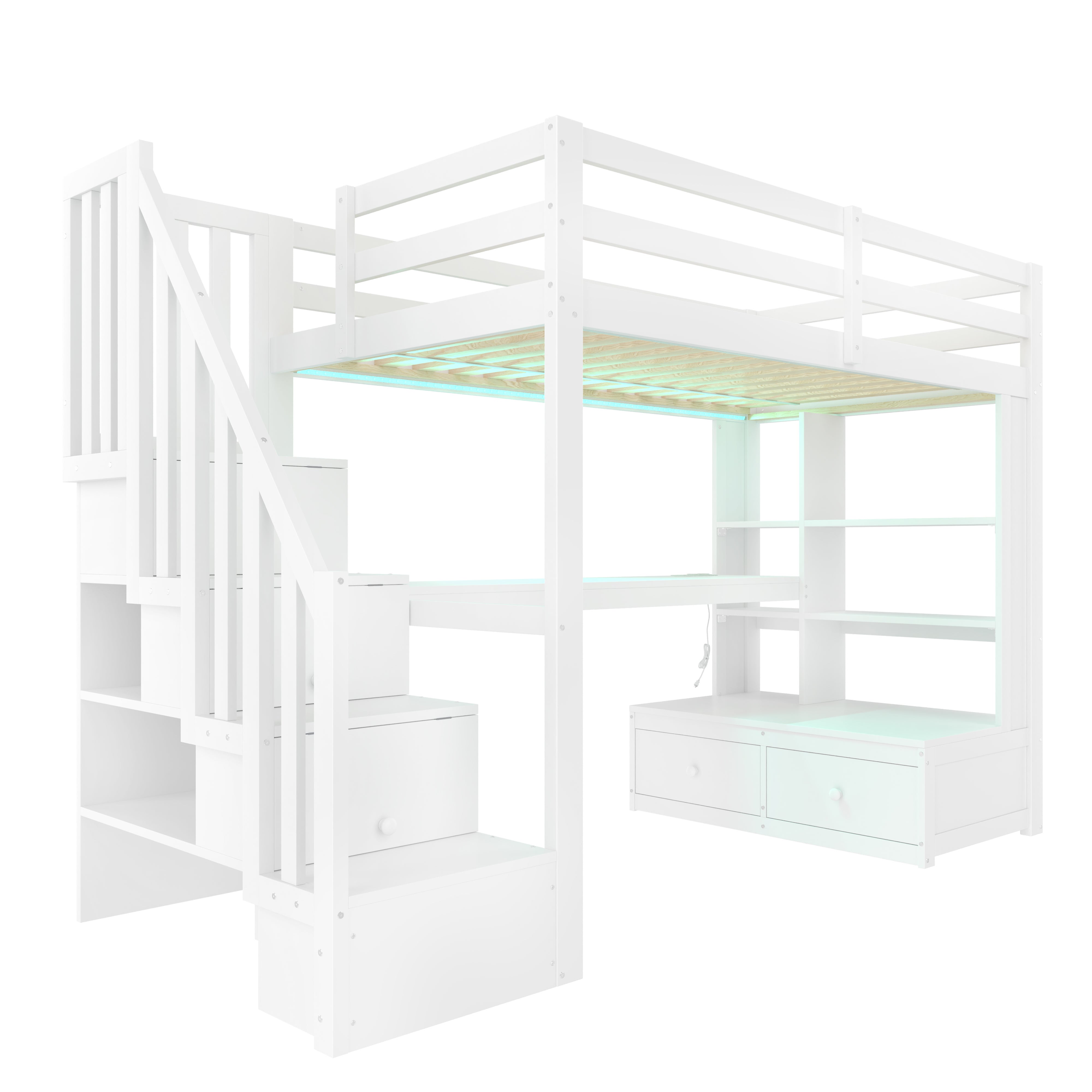 Lit Mezzanine 90x200 avec Bureau & Étagères, Lit Enfant Escalier de Rangement & 2 Tiroirs, Gain de Place Robuste pour Chambre, Épuré - Blanc - 8
