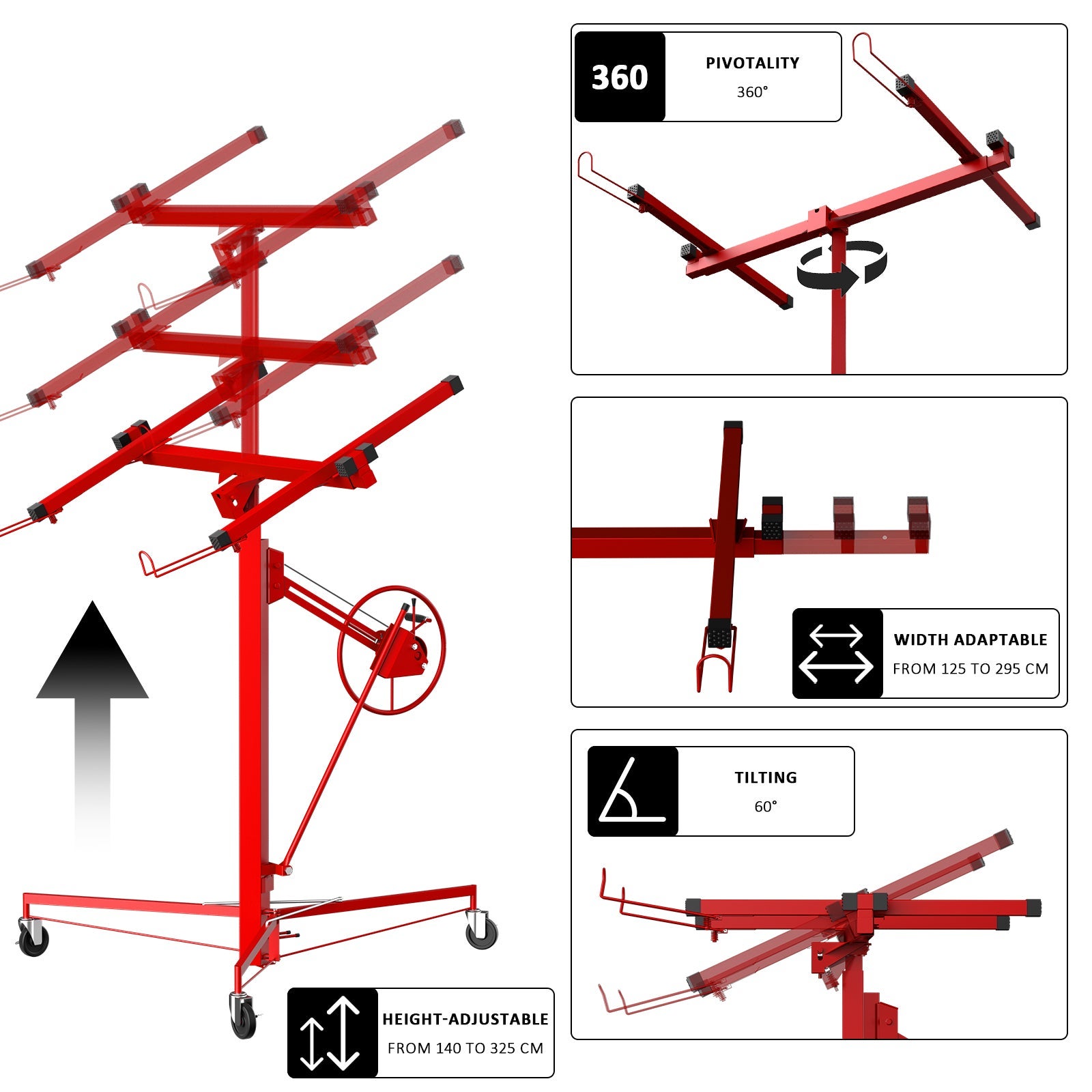 DEWINNER Monte-pièces pour démonter les plaques de plâtre : capacité maximale de charge de 68 kg, hauteur de 140 à 325 cm, avec frein. - 3
