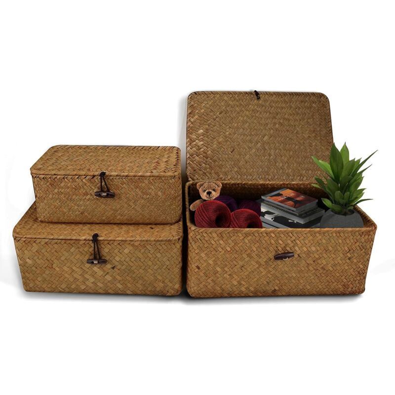 Panier de rangement en jonc de mer avec couvercle, petit panier en osier, boîte de rangement en rotin naturel, panier à linge, osier - 3
