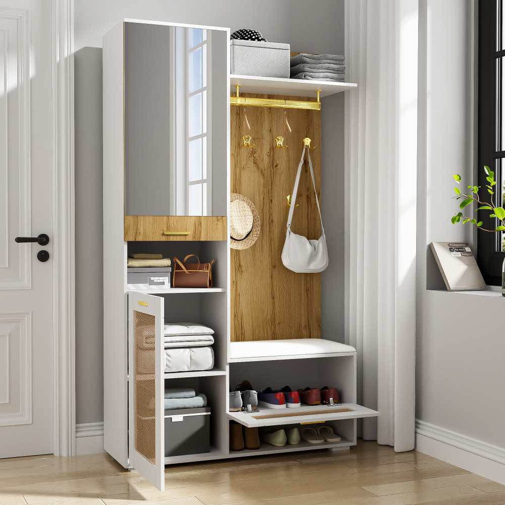Ensemble de garde-robe moderne Bois et blanc avec miroir, LED, meuble à chaussures et banc - 8