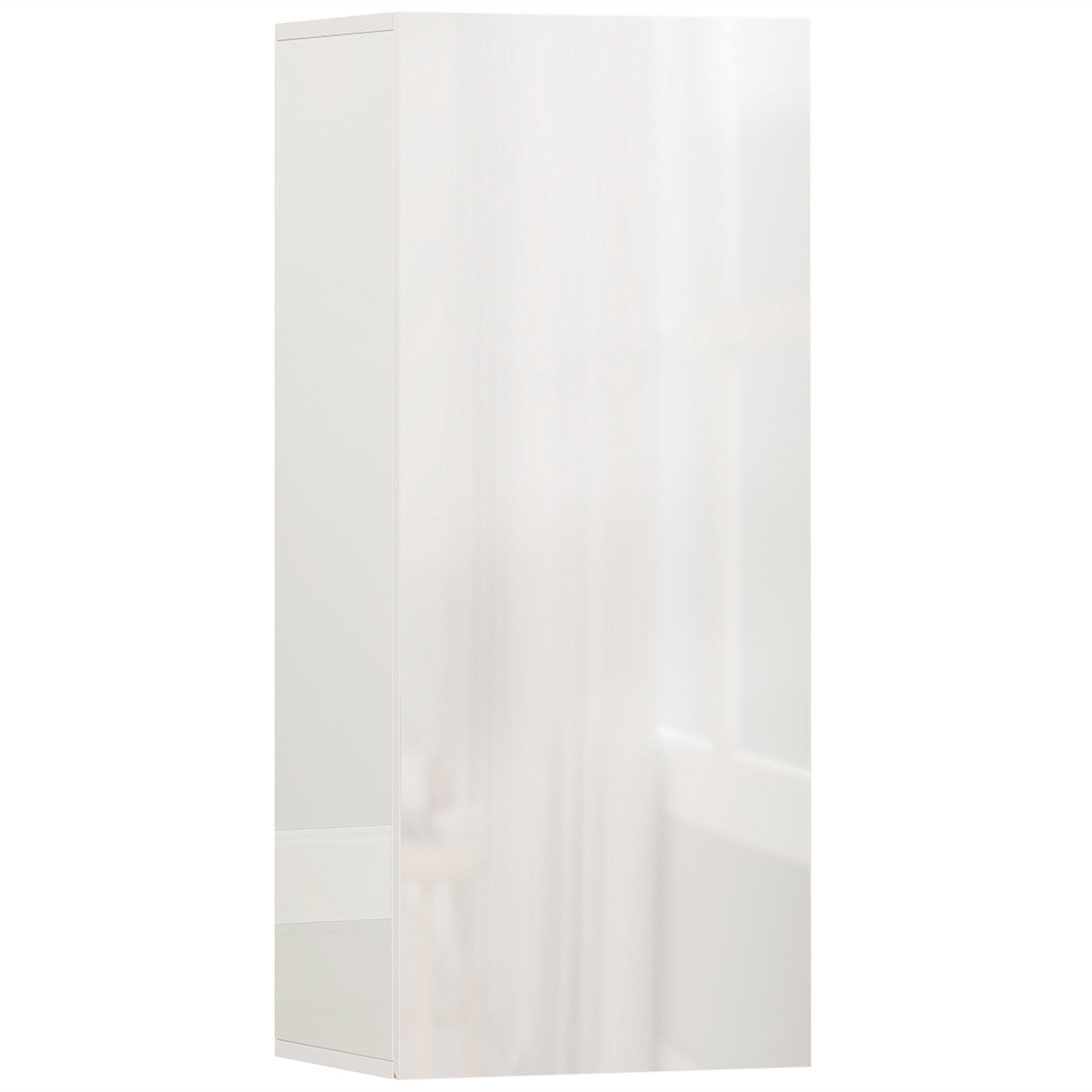 Mueble de baño suspendido con 2 estantes de cristal ajustables y puerta sin tiradores, color blanco brillante.