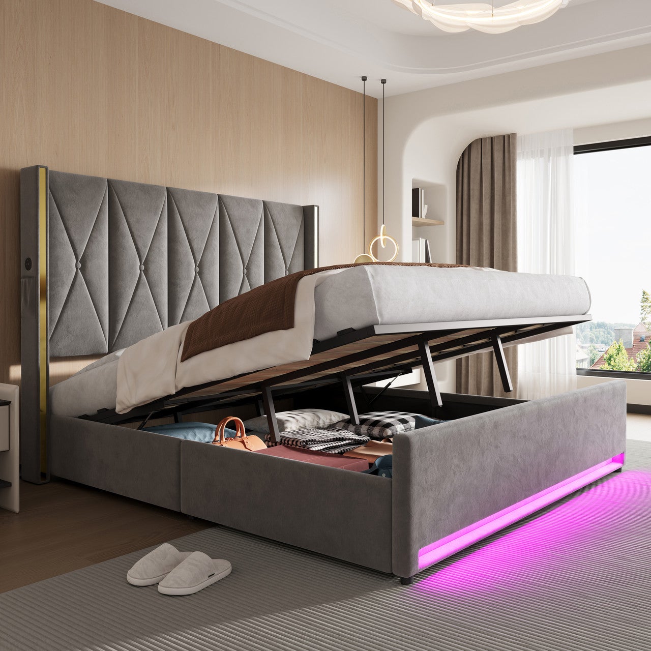 Lit 180x200 avec ports USB et éclairage LED,Lit double rembourré avec poches latérales,Lit coffre hydraulique,tissu velours,Gris foncé (Sans matelas) - 8
