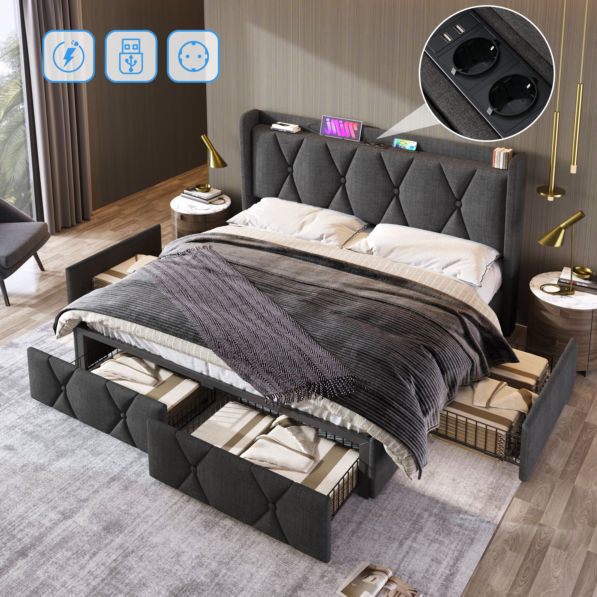 Łóżko 140x200cm tapicerowane lnem - z 4 szufladami i portami ładowania USB - Szare (materac nie jest w zestawie) - 9