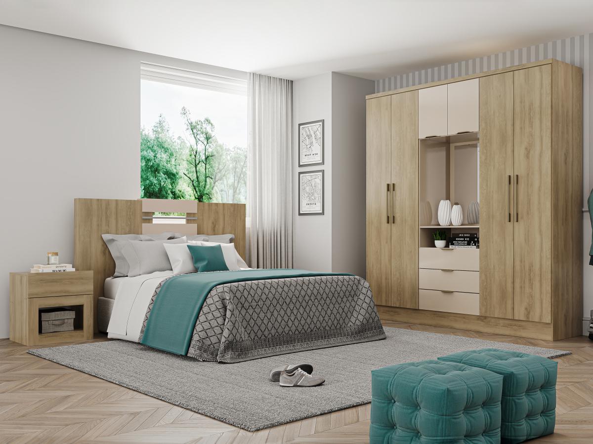 Armoire 6 portes et 3 tiroirs - Avec miroir - L180 cm - Coloris : Naturel et beige - ELORIO - 7