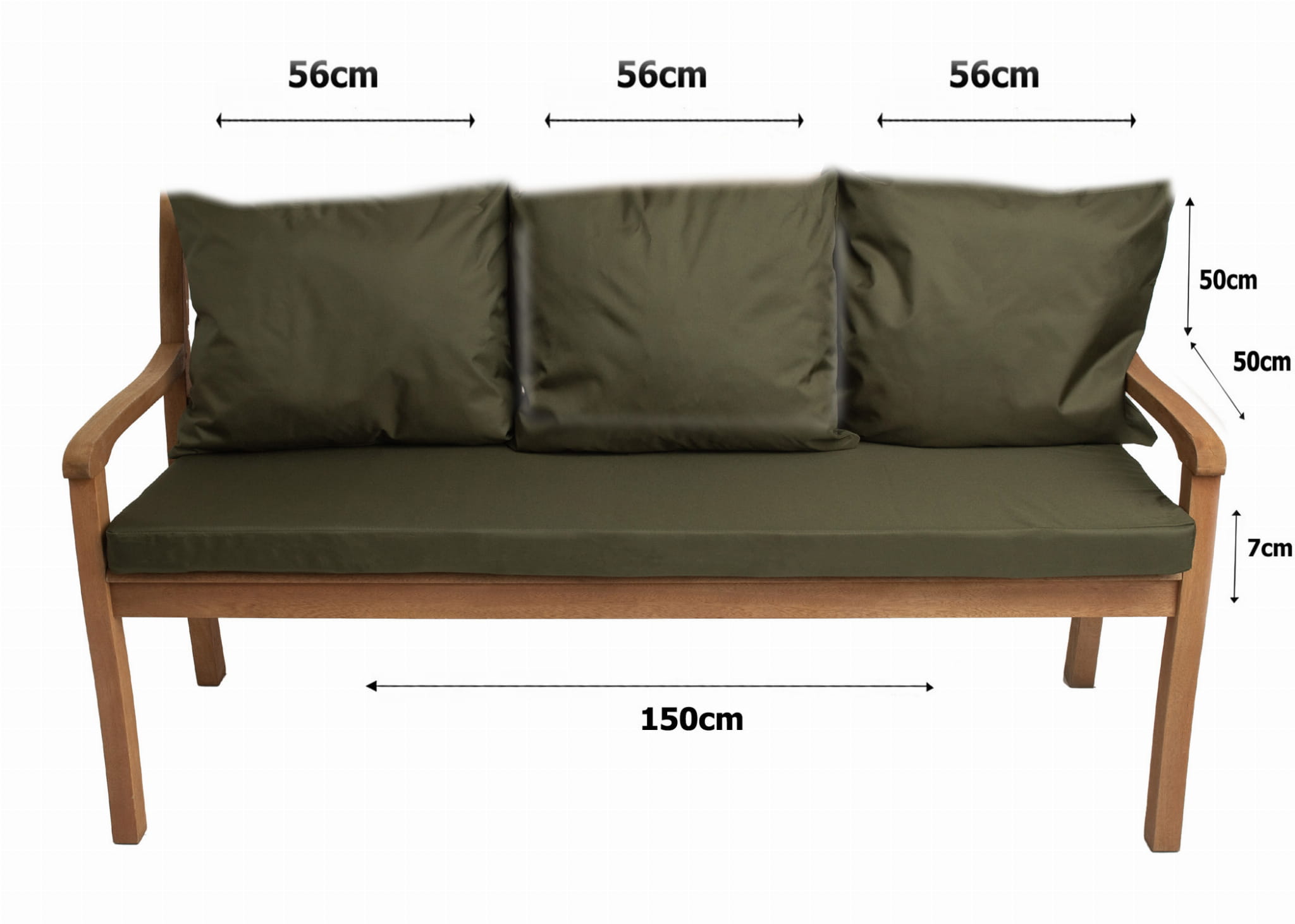 Coussins pour banc 150x50x7/3x50x56cm, mcoussins pour Banquette jardin Vert, Coussin extérieur/intérieur, Coussins 3places pour balancelle - 3