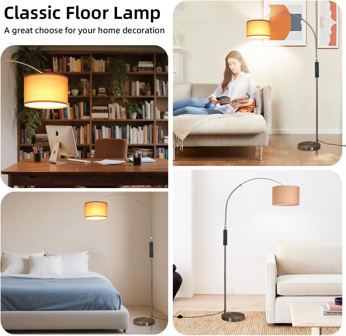 Lampadaire arc avec télécommande, LED E27 dimmable, abat-jour tissu brun 33 cm, style vintage argenté pour salon, chambre, hôtel - 7