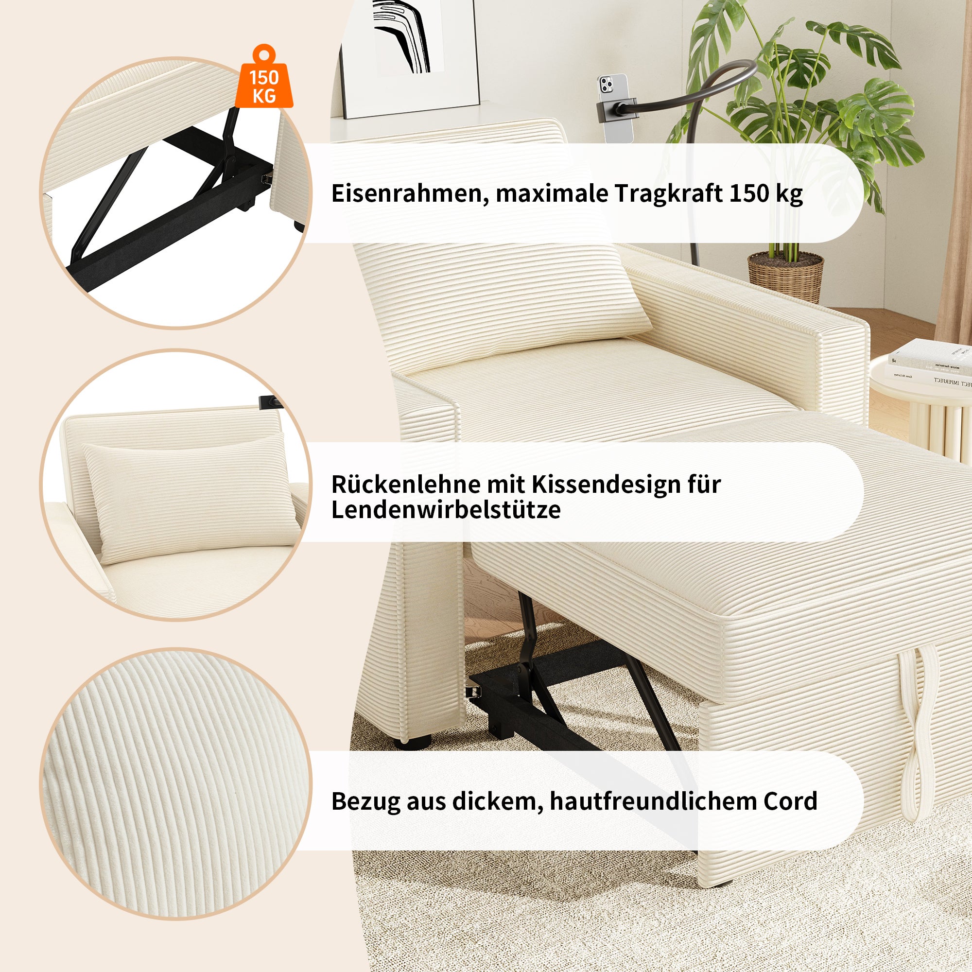 Canapé,Lit Pliant 1 Place , Fauteuil Convertible avec Port USB et Support Téléphone, Tissu Velours Côtelé Beige - 6