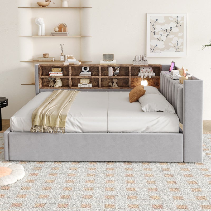 Tapicerowana sofa rozkładana 140 x 200 cm - z oświetleniem LED - z portami ładowania USB + Type-C - jasnoszara (materac nie jest wliczony w cenę) - 4