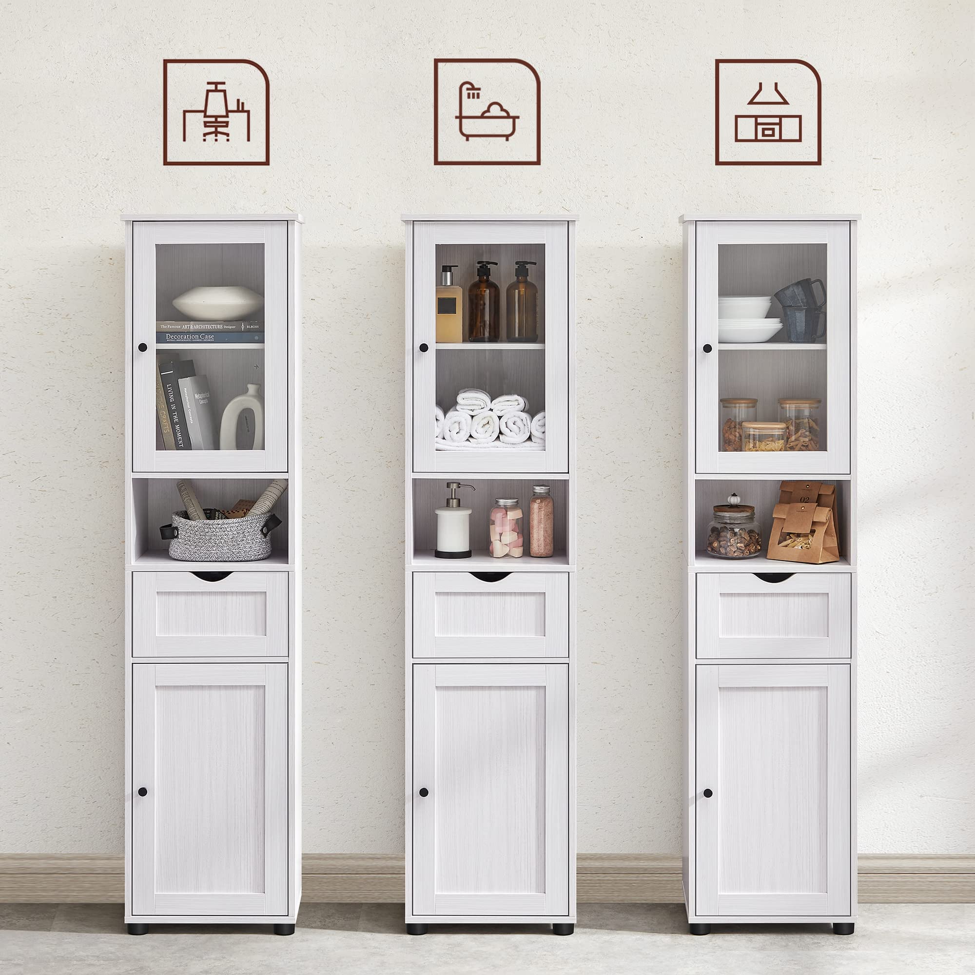 Armoire De Salle De Bain à Porte, Tiroir, Compartiment, 40 x 30 x 165 cm, Blanc érable - 6