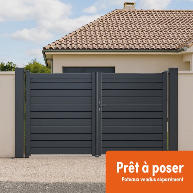 Portail battant Aluminium Persienne - Largeur 3m - Hauteur 1m90 – Gris anthracite - Prêt à poser