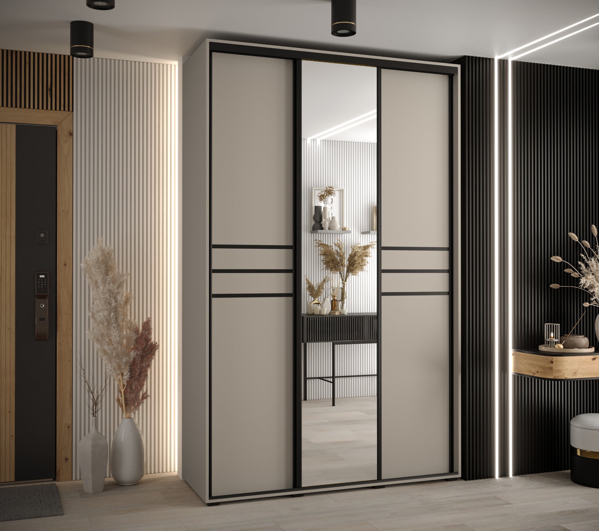 Szafa przesuwna z lustrem wysoka Dakota 11 150 x 45 x 235,2 cm kaszmir + u. czarny - Abiks Meble