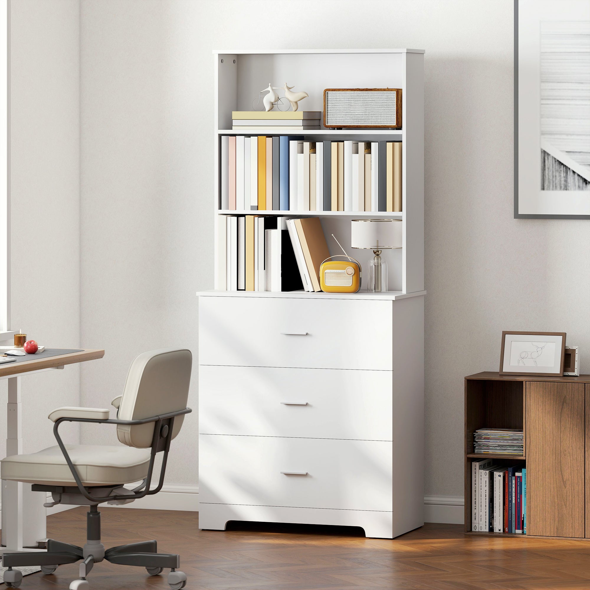 Bibliothèque, armoire haute, vitrine, avec 3 tiroirs et 3 étagères ouvertes. 79 x 39,5 x 180 cm. Blanche. - 4