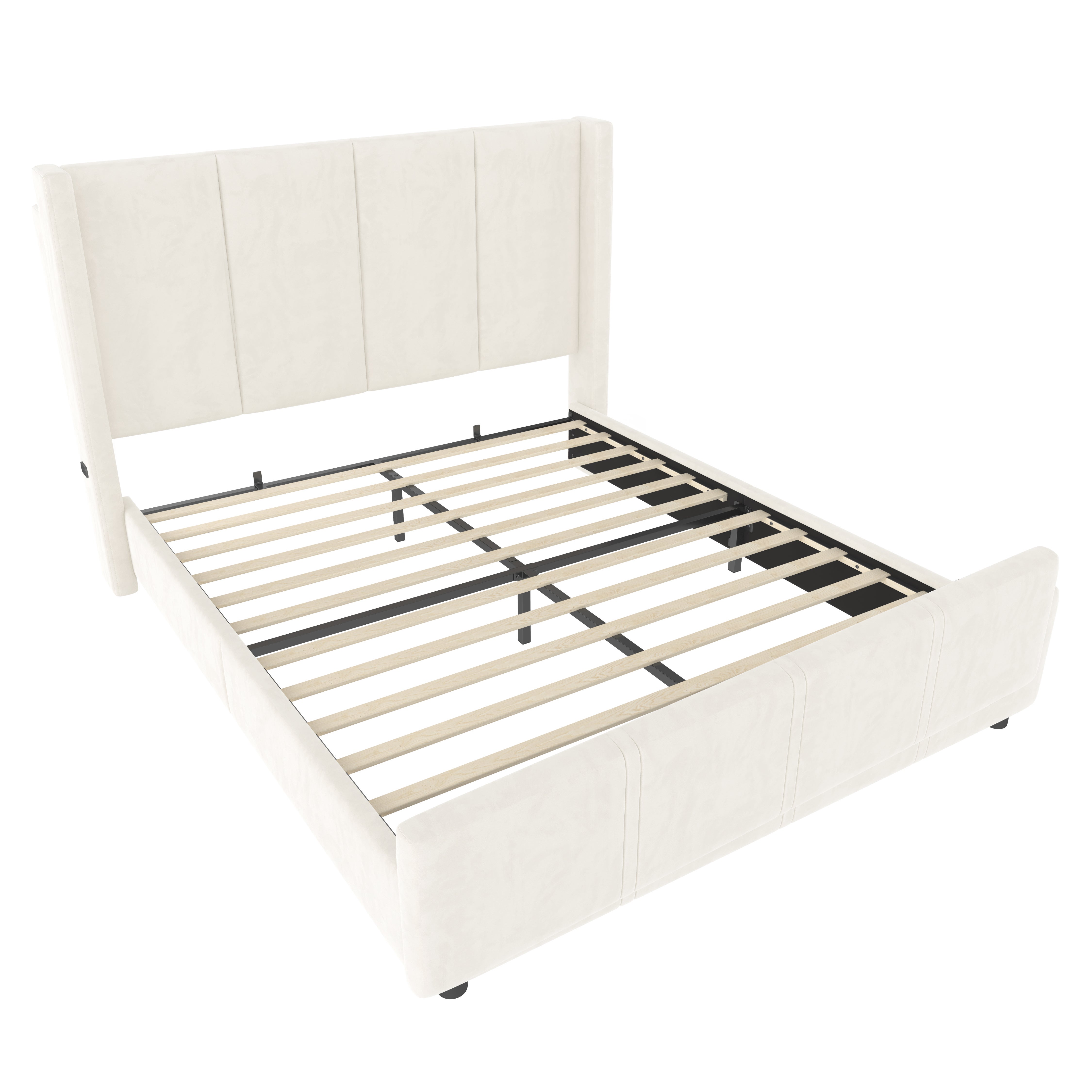 Lit 160x200 avec USB ,Cadre de Lit Rembourré moderne avec tête et pied de lit hauts, Velours Beige(Sans Matelas) - 6