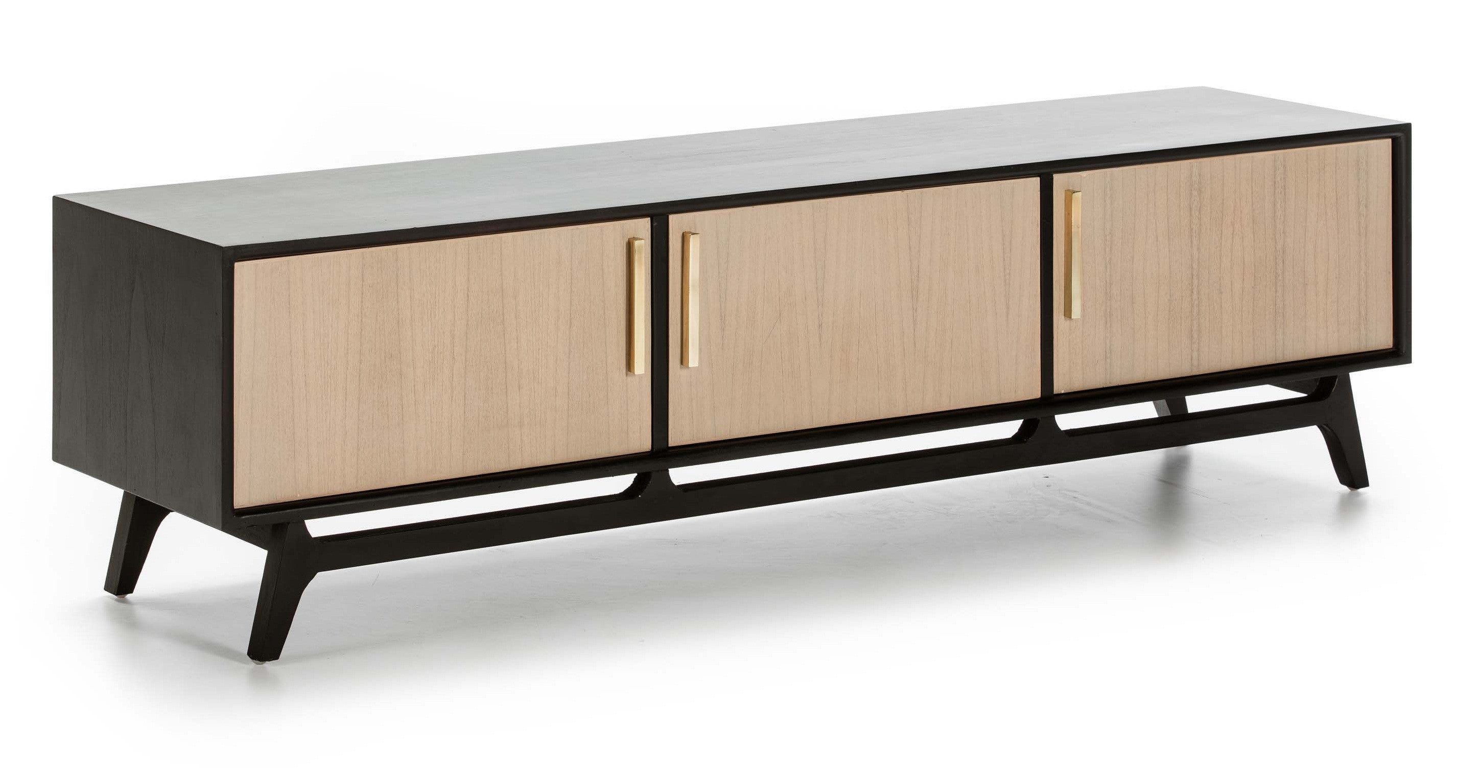 Meuble TV 3 portes bois massif clair et noir 160cm | Leroy Merlin