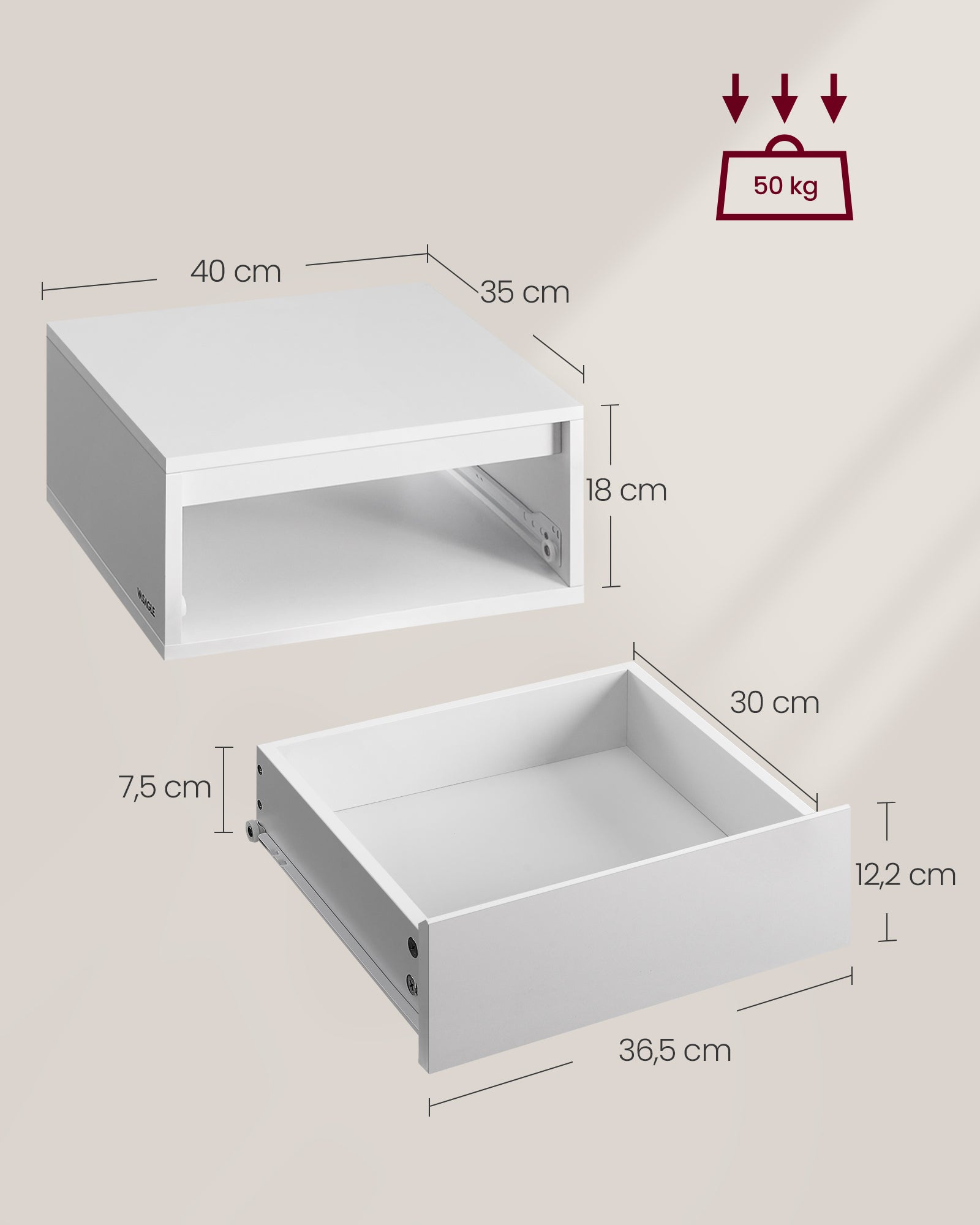 Tables de Chevet Suspendues, Lot de 2, Lumière 3 Couleurs, Étagère Murale Tiroir, 35 x 40 x 18 cm, Style Moderne, pour Chambre, Salon, Blanc Nuage - 5