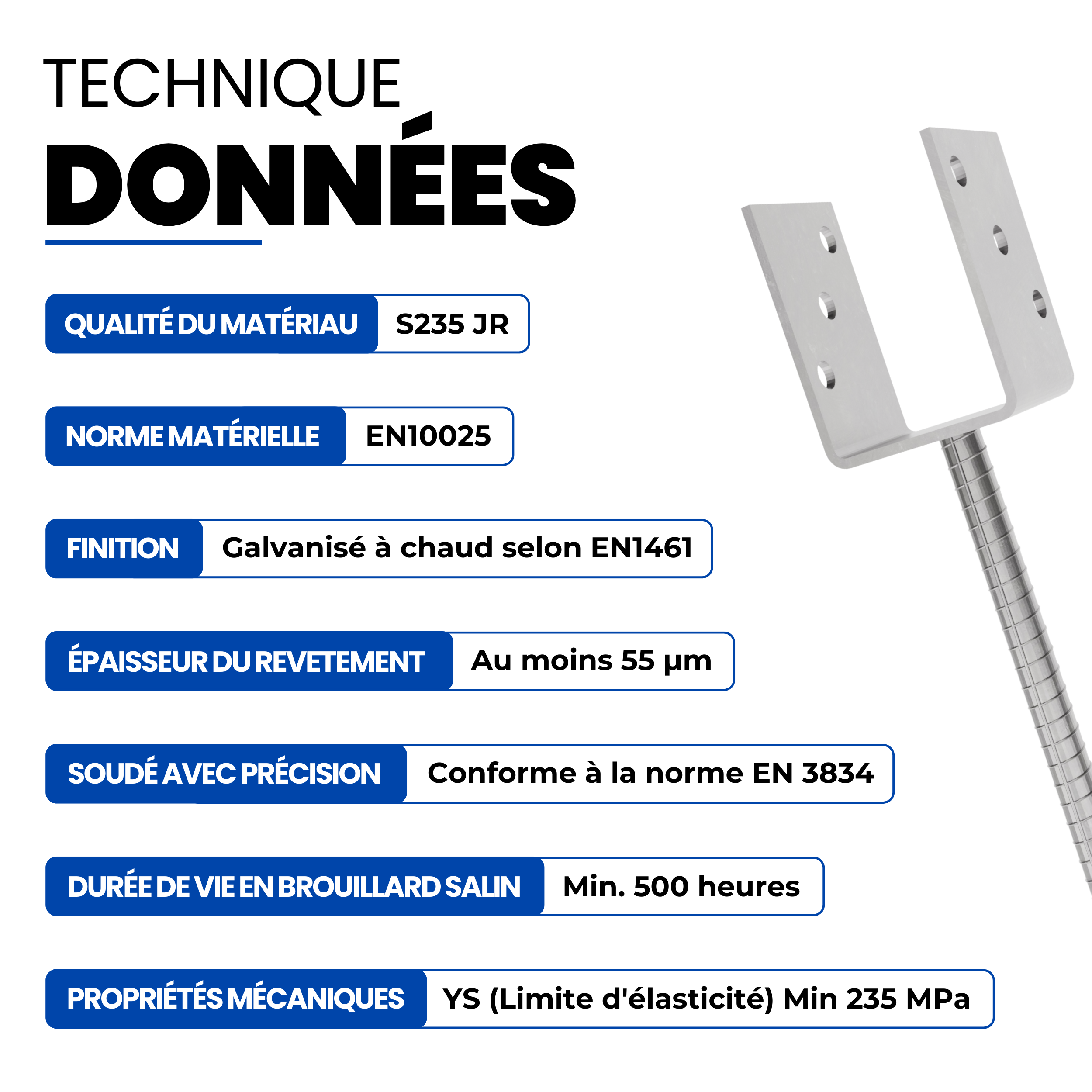 Support de poteau U Galvanisé à chaud 121 x 300 mm ancre platine bois pied poteaux clôture GeZu Impex - 4