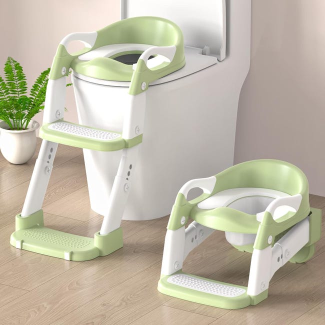 Sedile WC Per Bambini Con Scaletta Regolabile E Maniglia - Vasino Da Allenamento Antiscivolo, Pieghevole, Verde, Portata Fino A 74kg