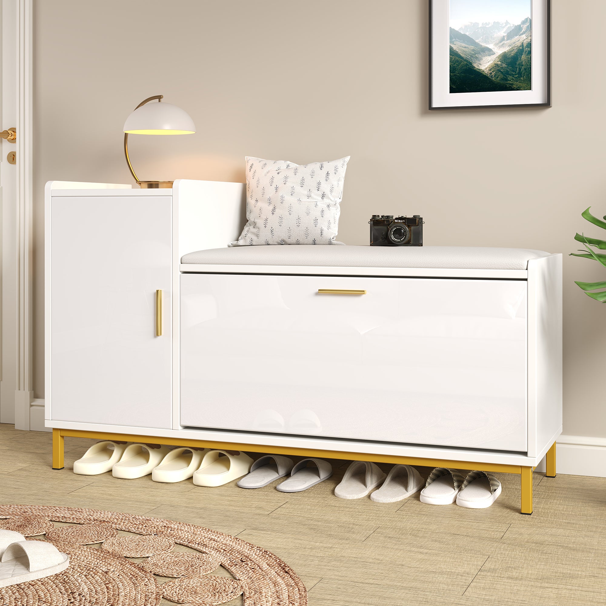 Banc à chaussures avec 2 portes - 100 x 38 x 68 cm - Panneau de particules et pièds en métal - Blanc - 6