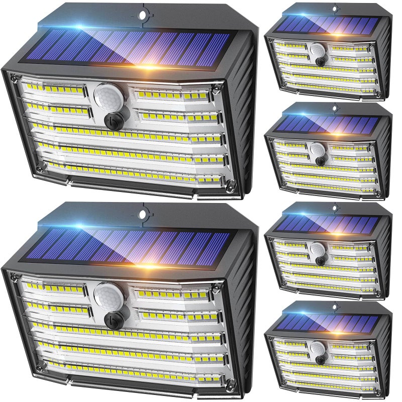 Zewnętrzne lampy solarne, zestaw 6 bezprzewodowych lamp z 126 diodami LED z czujnikiem ruchu, wodoodporność IP65, 3 tryby, kąt oświetlenia 270°