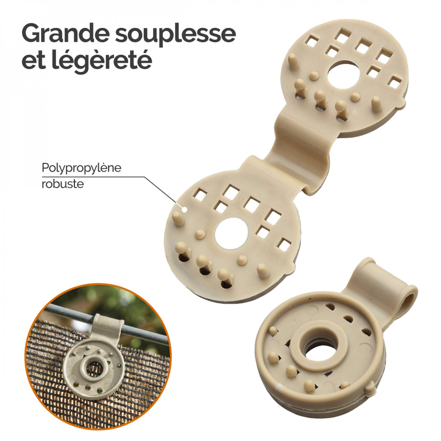Linxor - Lot de 50 clips de fixation pour brise vue, bâche ou toile d'ombrage - Beige - 3