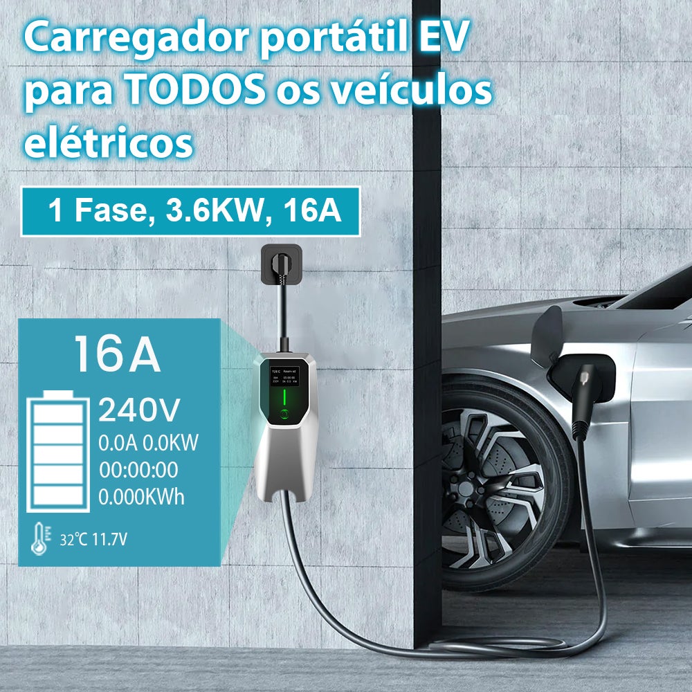 HEXINEX Carregador Portátil para Carros Elétricos 3.68 kW 16A Monofásico Type 2 - Cabo 4m com Tomada Schuko, IEC62196 e IP67 - 2