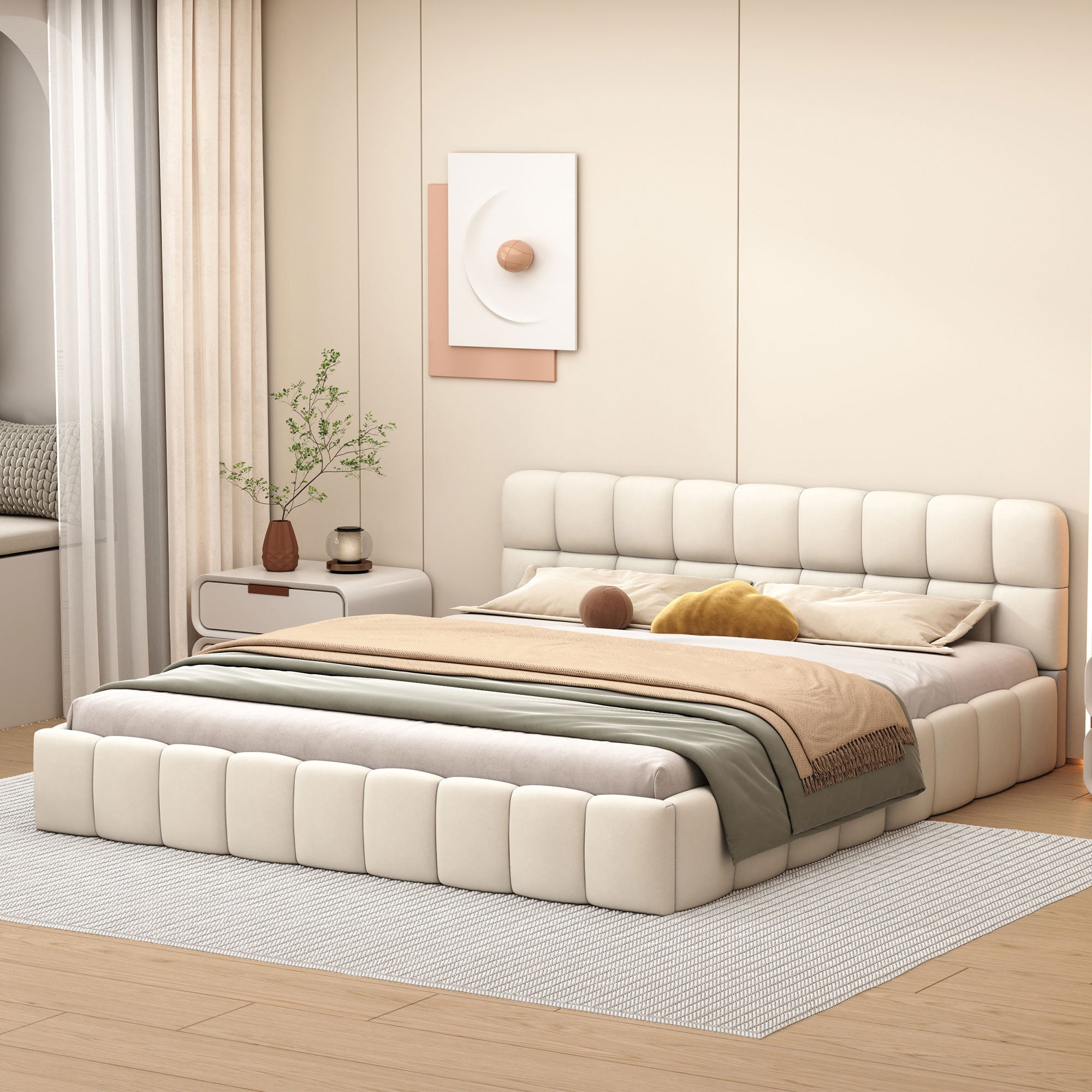 Lit adulte 140x190cm en lin avec dossier moelleux, Lit plat avec sommier à lattes, beige - 8
