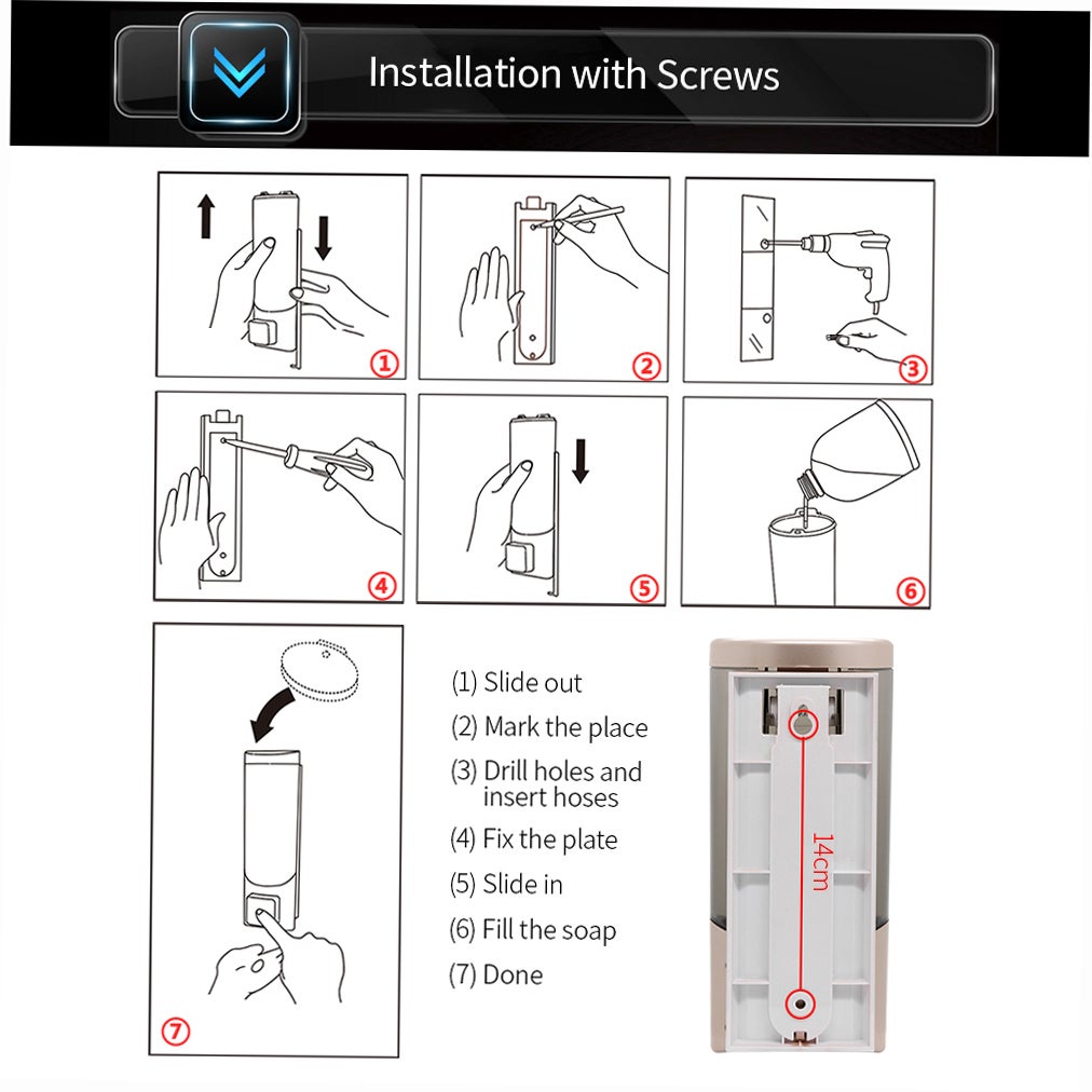 Dispenser manuale di sapone per le mani con nastro biadesivo in schiuma, montaggio a parete, shampoo liquido, gel doccia, detergente, lozione 200 ml - 2