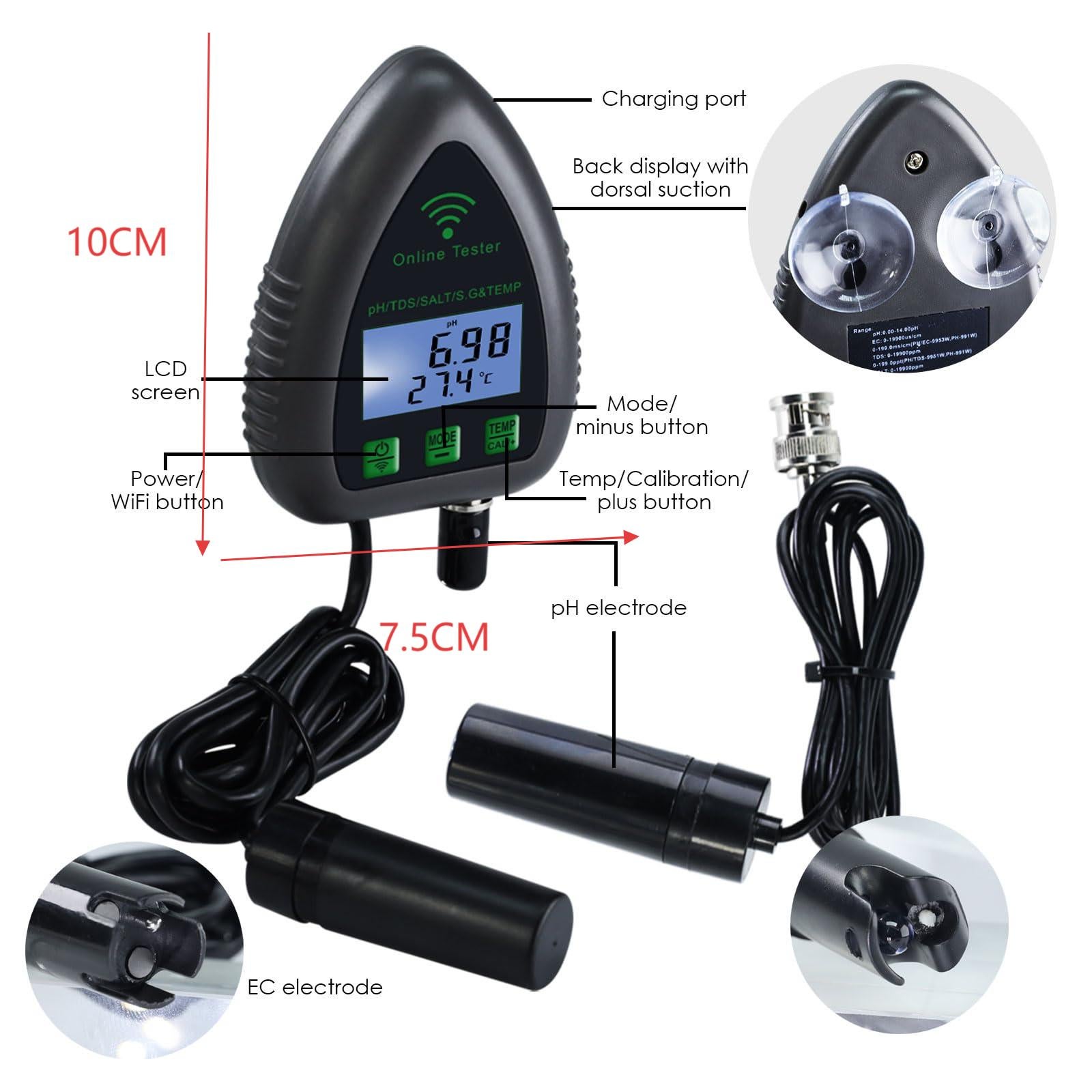 Testeur de qualité de l'eau Tuya WIFI 5 en 1, surveillance en ligne du pH/TDS/salinité/SG/température, facile à calibrer, avec fonction d'alarme - 6