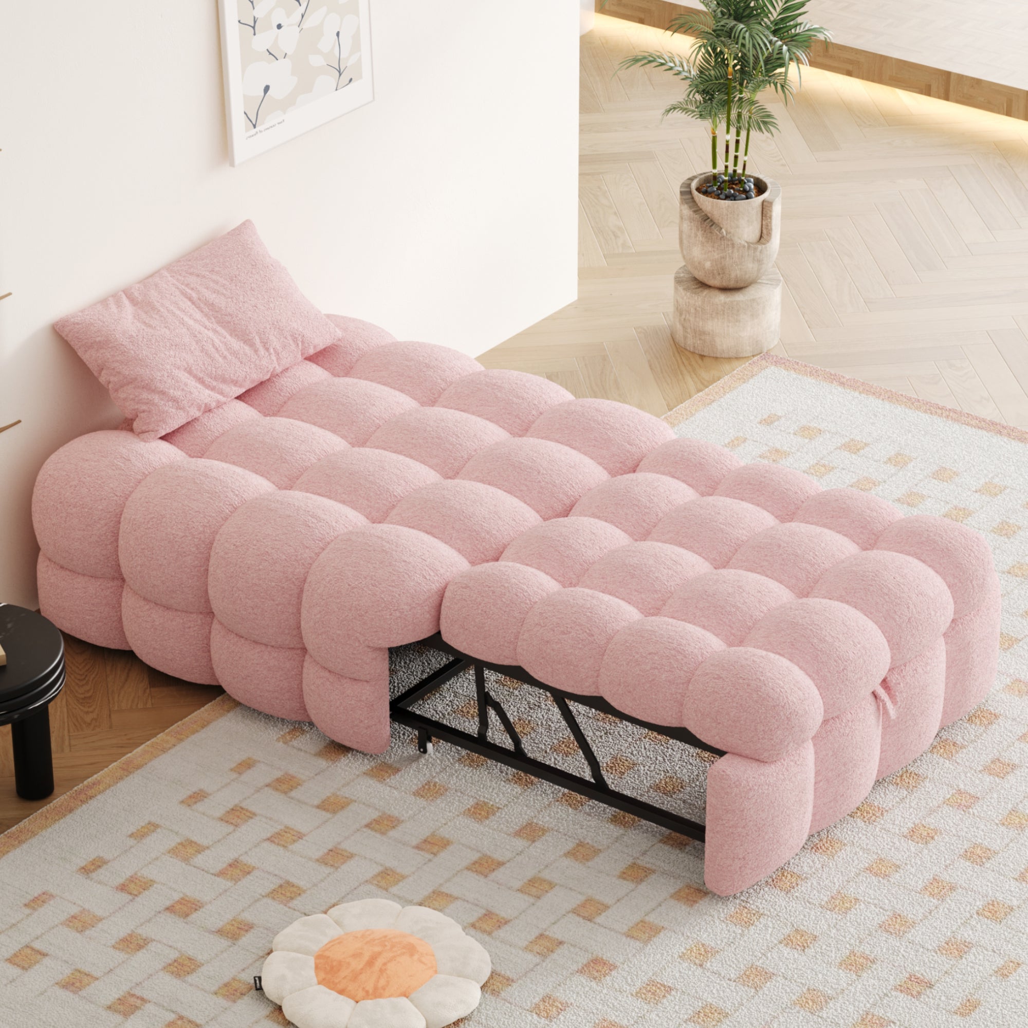 Divano letto 2-in-1 in tessuto teddy rosa, pouf estraibile