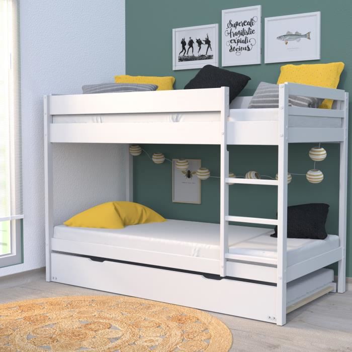 LIT SUPERPOSE WALLY 90x190 + 2 SOMMIERS + 1 LIT TIROIR/ BLANC - 8