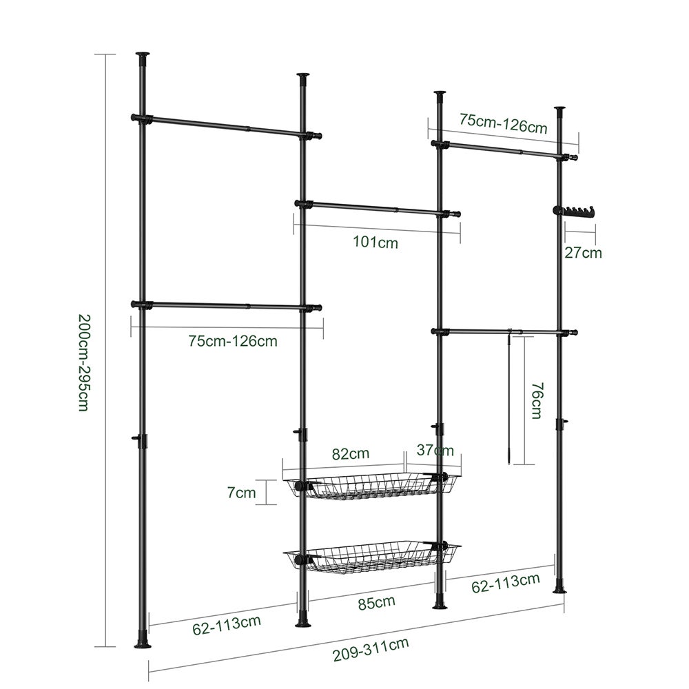 SoBuy Portant à vêtements télescopique solide - Penderie ouverte réglable avec tringles et étagères, Porte manteau pour chambre, Noir, KLS04-II-SCH - 3