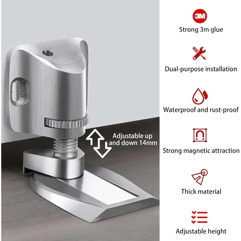 Arret de Porte avec Colle Sans Trace et Vis, Invisible Butee de Porte Magnetique, Résistant au Vent Stop Porte, Auto Adhésif Bloc Porte (Argent) - 3