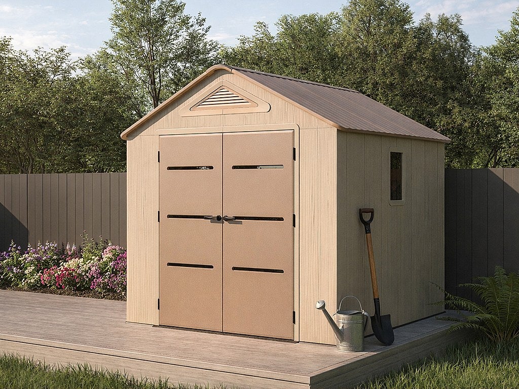 Domek ogrodowy z żywicy w kolorze beżowym i brązowym 6,15 m² z podłogą – grubość 22 mm – ANTEVA
