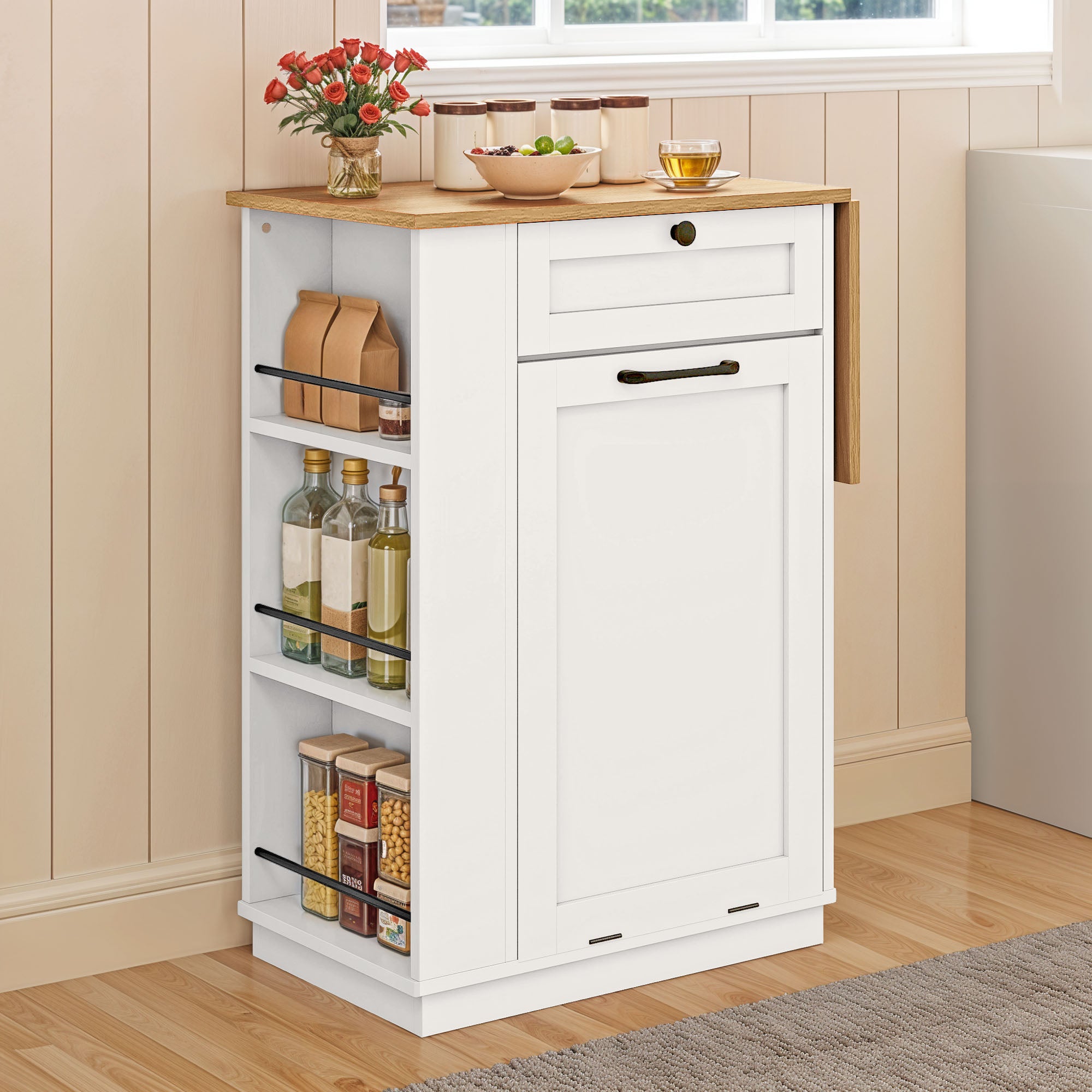 YITAHOME Buffet de cuisine multi-rangement avec Space de Poubelle - 1 Tiroir - Rangement latéral - Blanc - 3