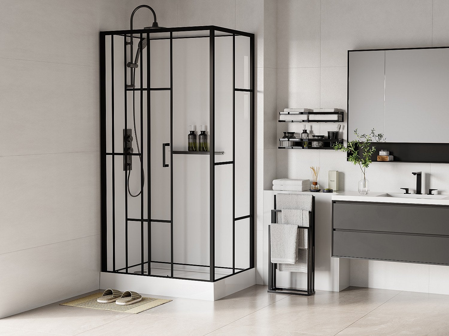 Kabina prysznicowa prostokątna z sitodrukiem - Dwustronny montaż - Biały i Czarny mat - szer. 110 x gł. 80 x wys. 225 cm - GAVILA