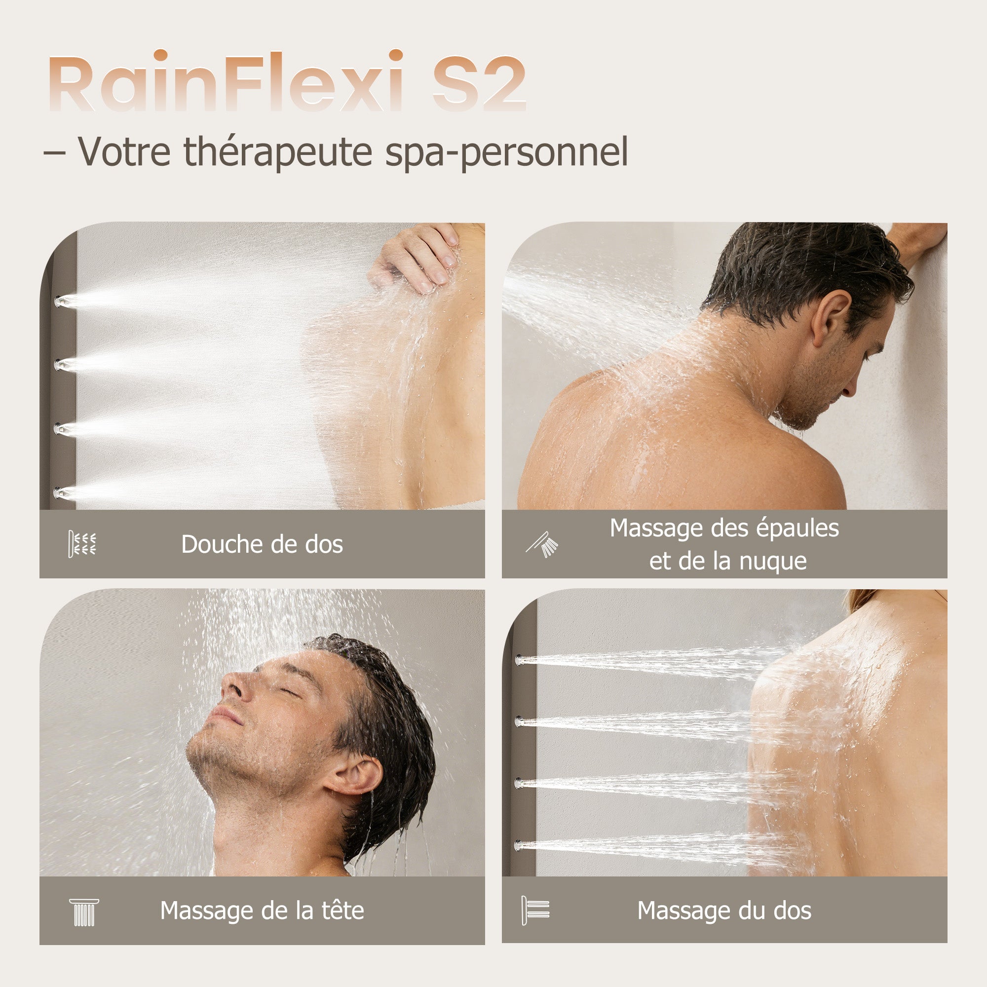HOROW Ensemble de douche à effet pluie gris, avec Robinetterie Thermostatique, 4 modes de massage, pliable, réglable en hauteur - 5
