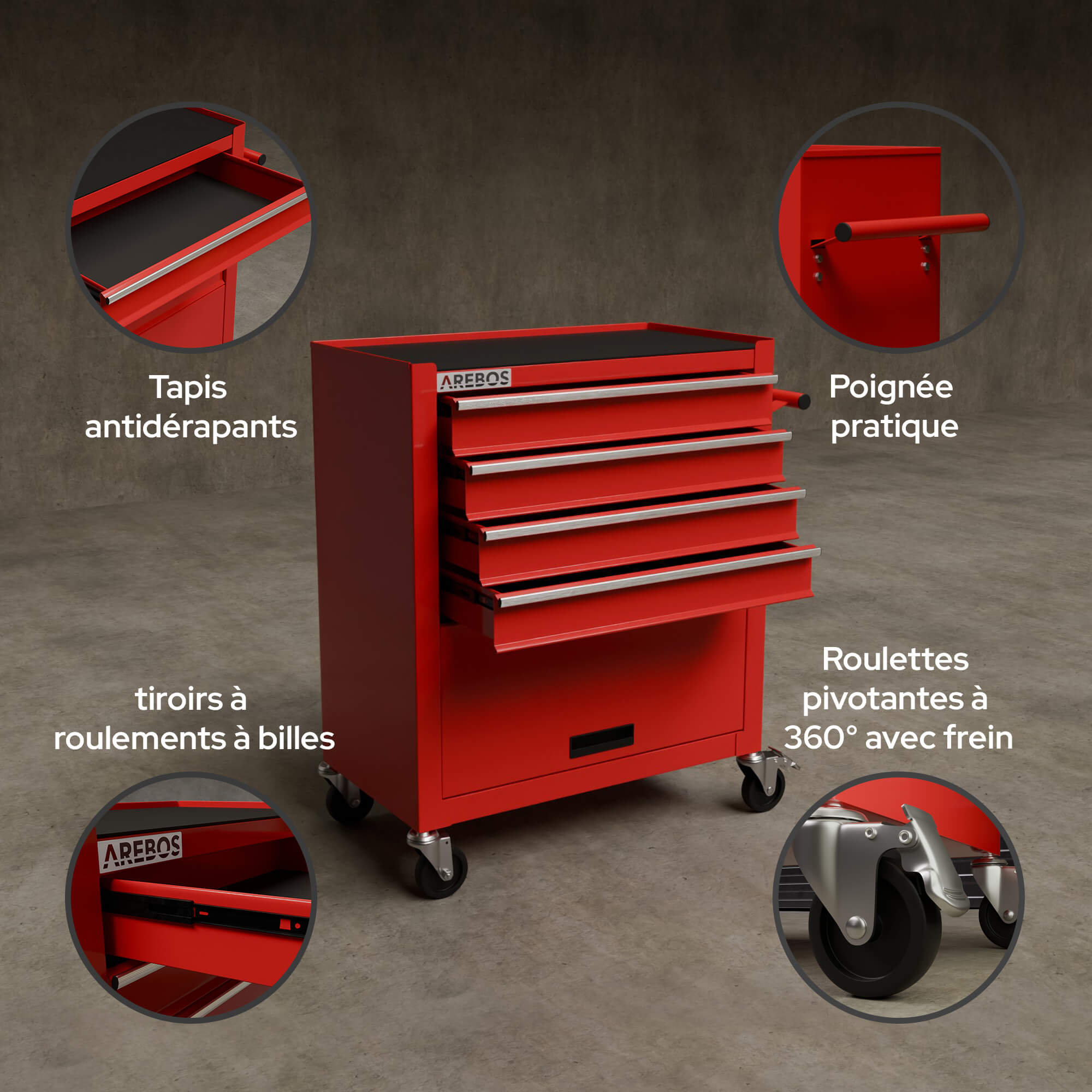 AREBOS Chariot d'Atelier Chariot à Outils 4 Tiroirs + Grand Compartiment 4 roulettes Construction Robuste Tapis antidérapants Rouge - 6