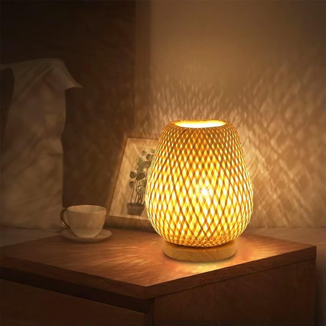 COMELY Lampe de Table en Bambou Fait Main, Petite Lampe Zen Décorative avec Abat-jour Bambou, Éclairage d’Ambiance E27 D18×H25CM pour Salon ou Chambre - 4