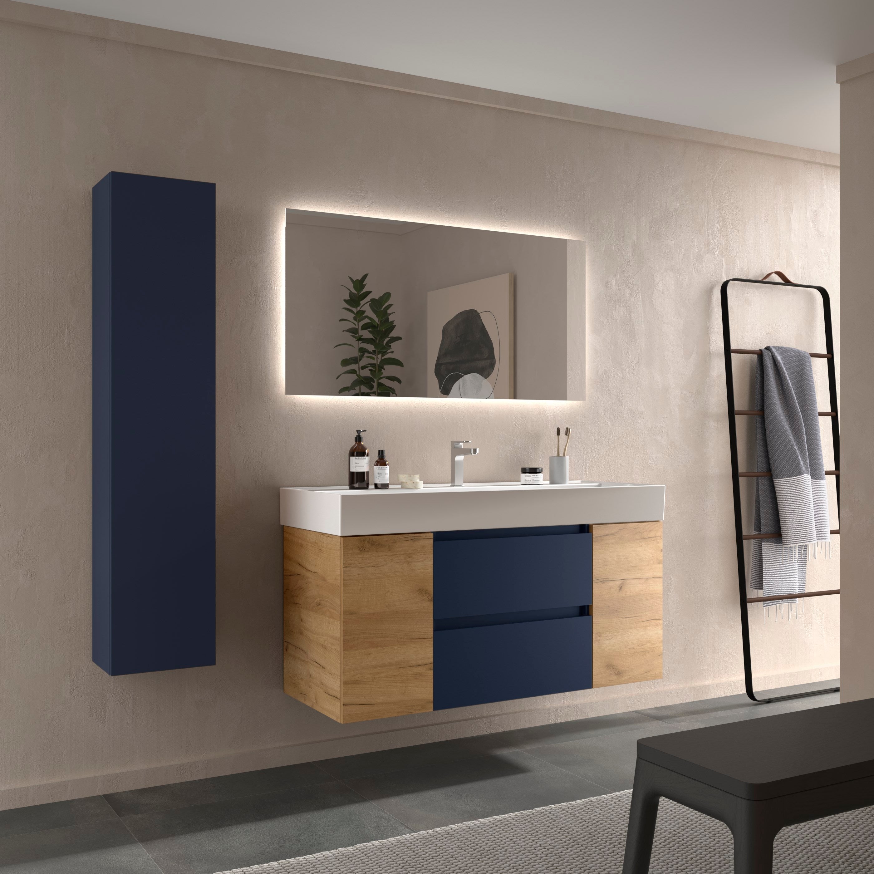 Meuble de salle de bain BEQUIA Plus 120cm Bleu mat /Chêne | Vasque Porcelaine Centrale - 2