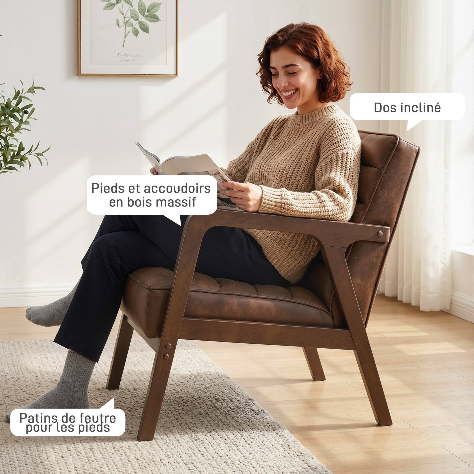 Fauteuil salon, fauteuil d'appoint rembourré en PU avec large assise, coussin épais et structure en bois massif, marron - COMFORTXL - 9