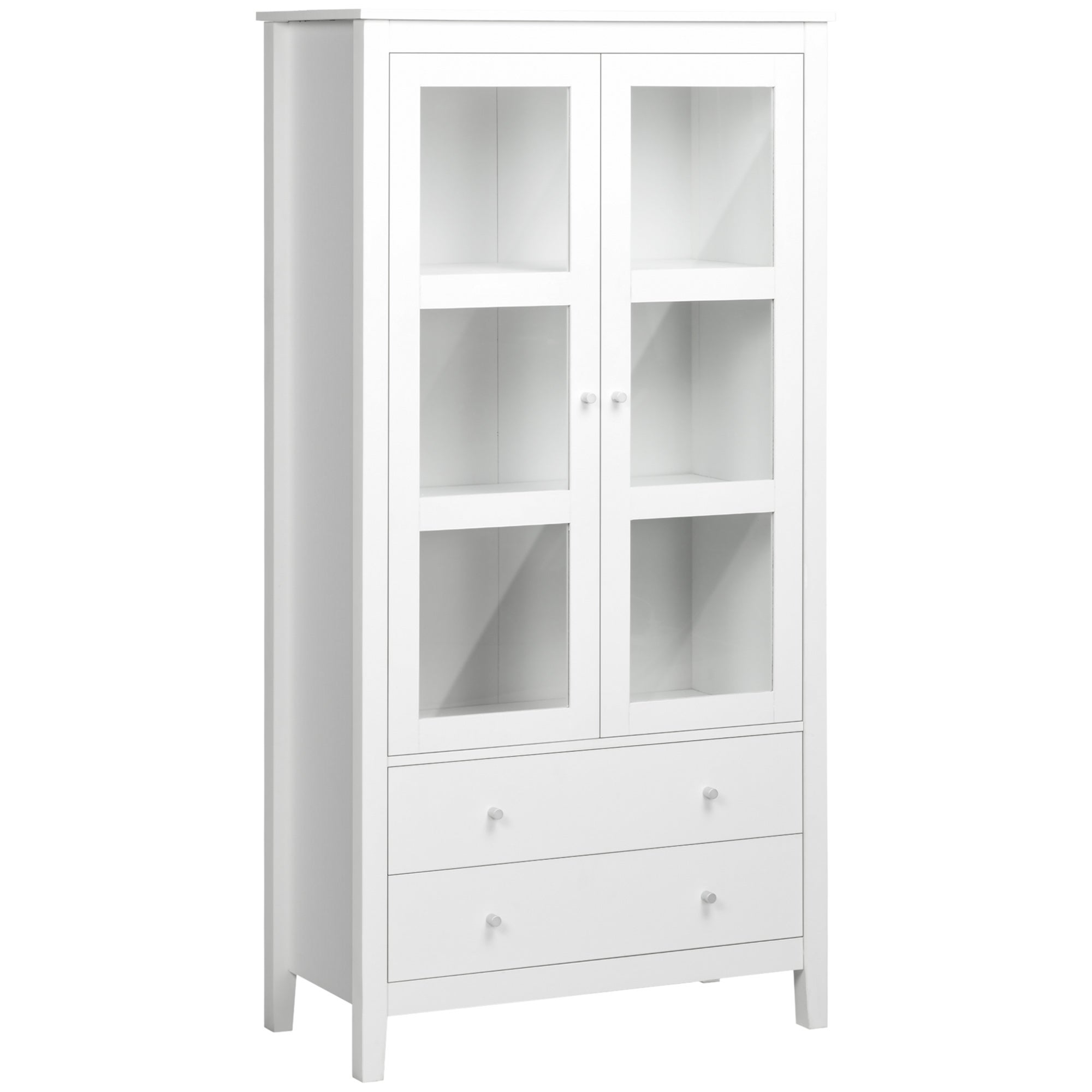Juego de mesa y sillas infantiles, vitrina para salón/comedor/oficina con 2 puertas de cristal, 3 estantes y 2 cajones, 80x40x160cm, color blanco.