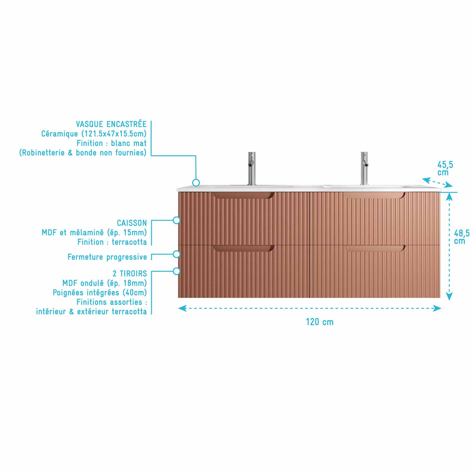 Meuble de Salle de Bains LEON 120cm Terracotta - 4 Tiroirs en MDF Ondulés - Vasque à encastrer - 4
