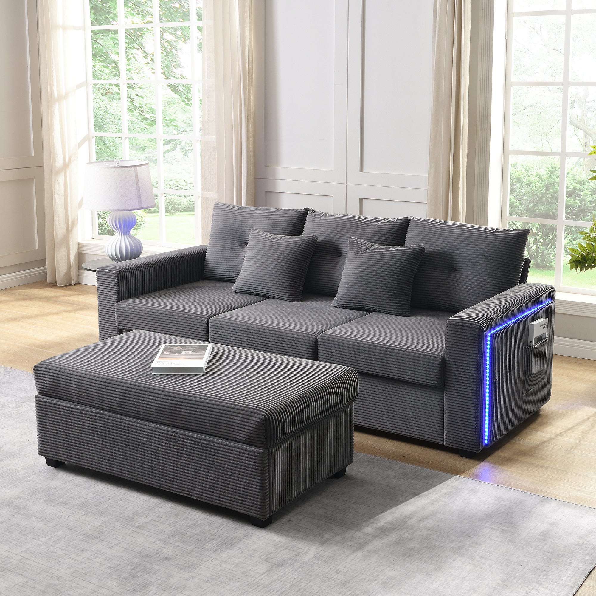 Sofa 3-osobowa z wyjmowanym pufem - 184 x 84,5 x 85,5 cm - Tkanina sztruksowa - Diody LED - Antyczna szarość
