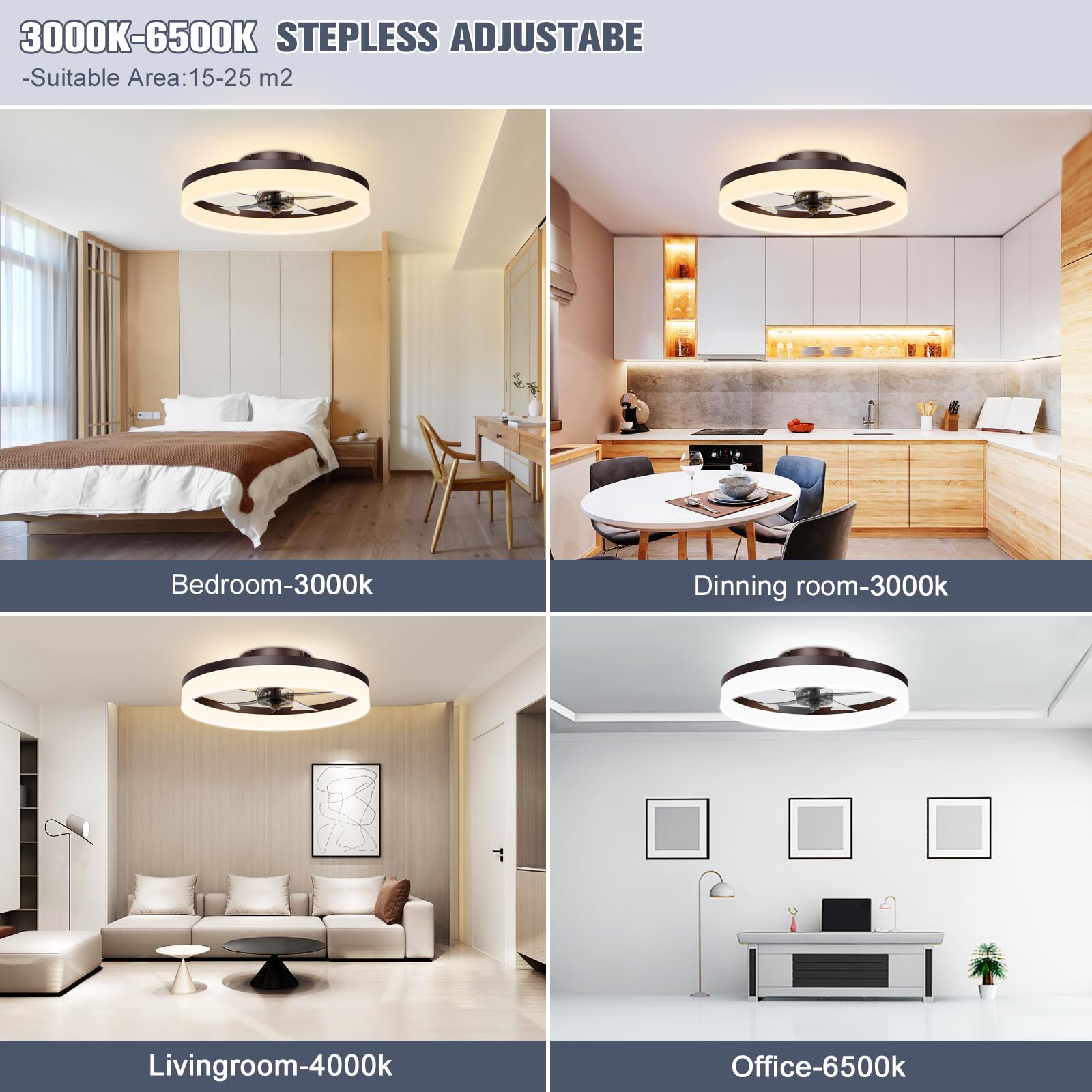 Ventiladores de teto de perfil baixo de 45 cm com luzes e comando, ventilador de teto regulável, montagem embutida, castanho - 7