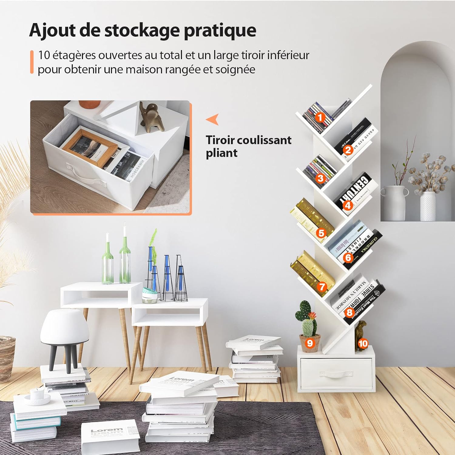 Libreria ad Albero in Legno, Scaffale a 10 Ripiani con Cassetto, Portaoggetti Autoportante per Soggiorno, Studio e Ufficio, 38 x 21,5 x 149,5 - 3