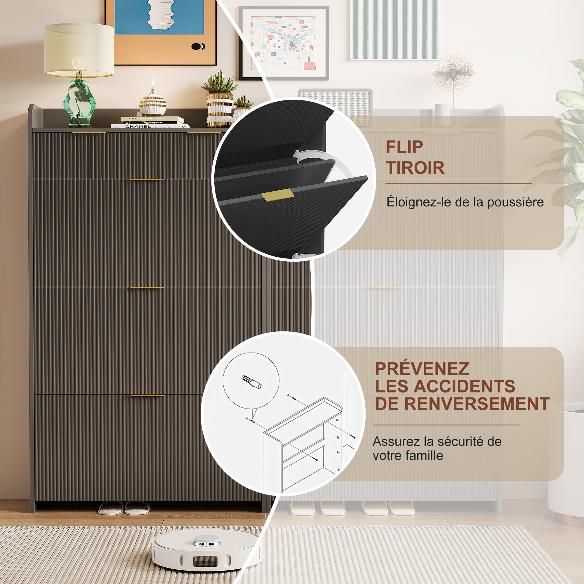 Meuble à chaussures étroit, en bois, doté de 3 portes rabattables et de 2 tiroirs, idéal pour l'entrée ou le couloir, Noir - 6