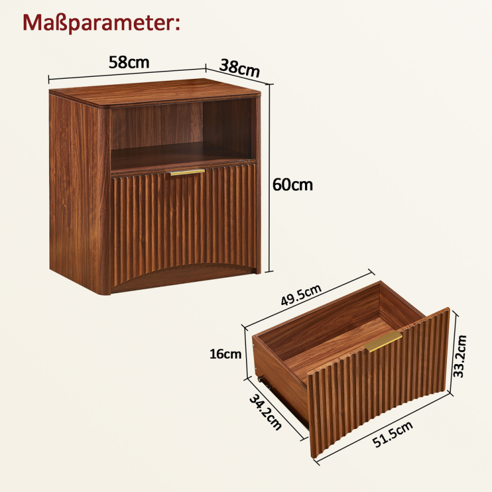 Table de chevet, un tiroir, 58 (L)×38 (P)×60 (H) cm, noyer - 4