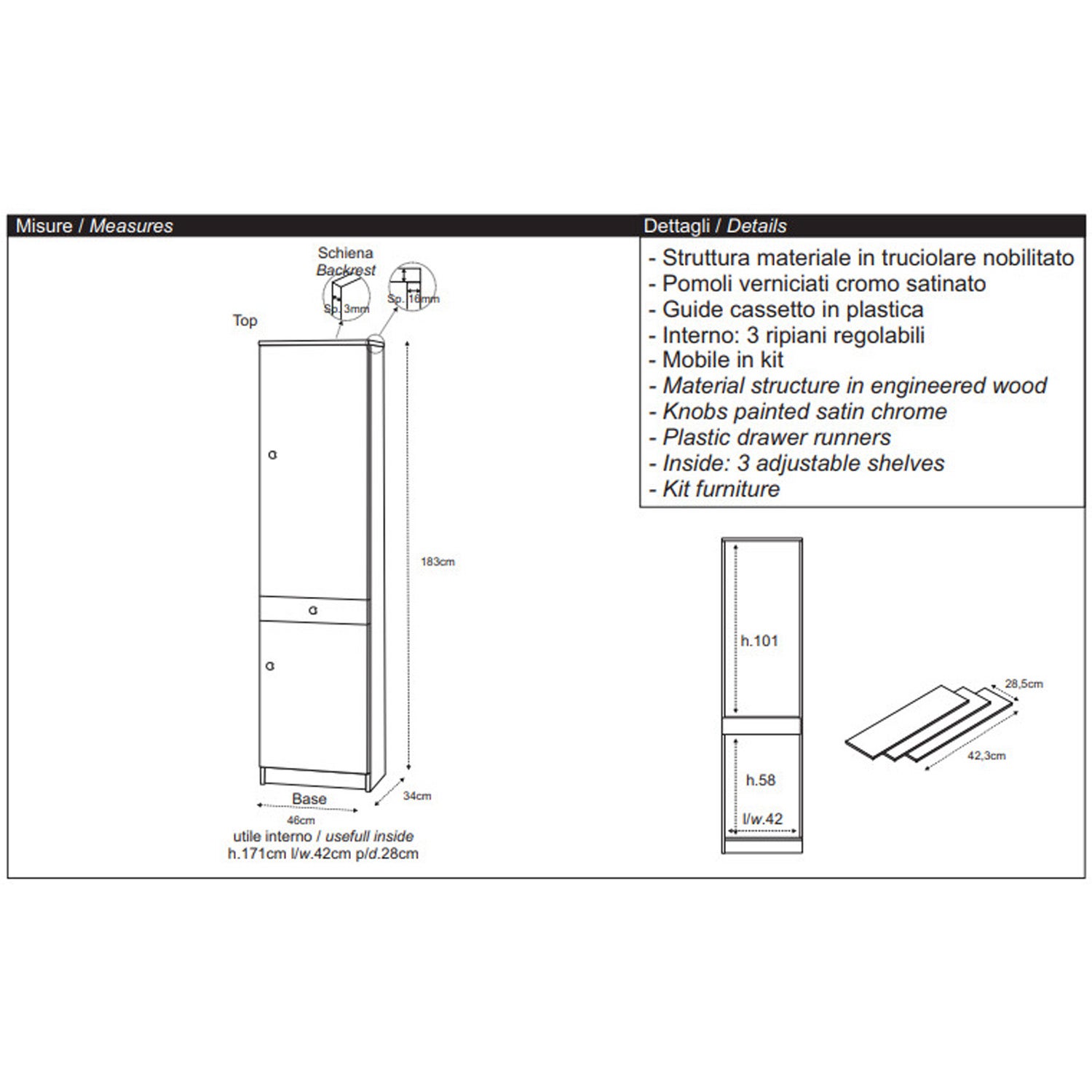 Meuble colonne 2 portes, 1 tiroir, 46 L x 34 P x 183 H – Finition orme clair – Sarmog - 5
