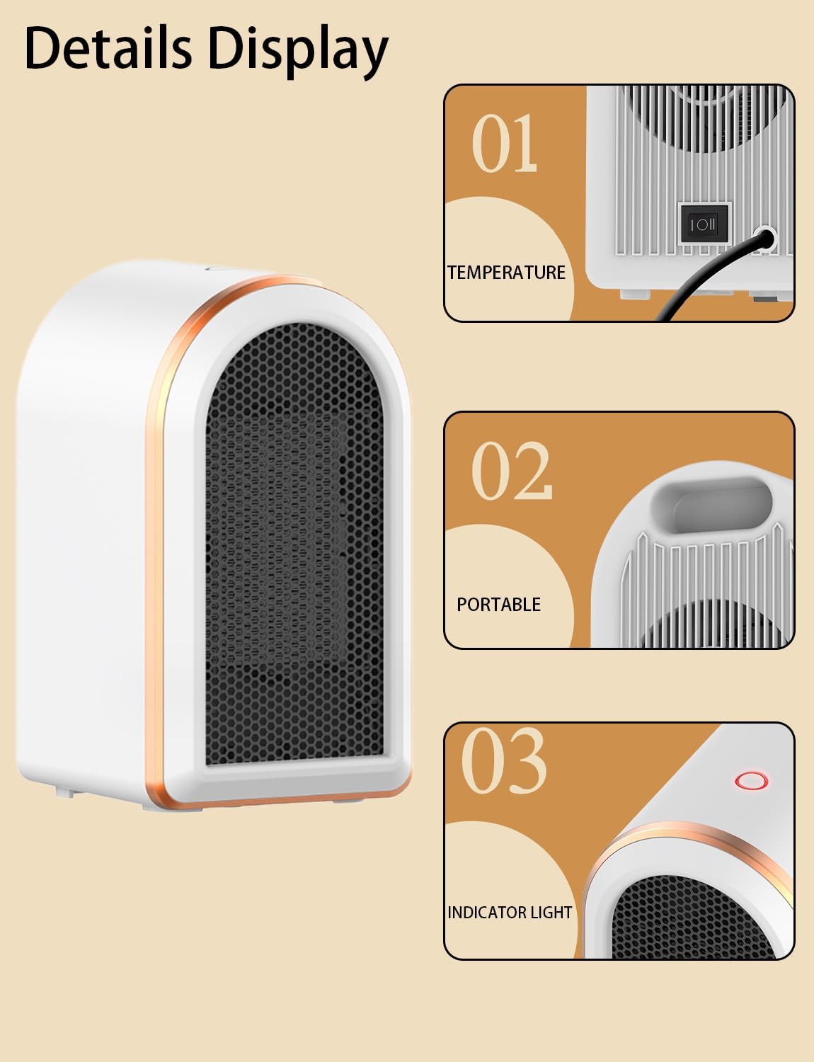 Cichy grzejnik elektryczny z zabezpieczeniem przed przegrzaniem i przewróceniem, ceramiczny grzejnik PTC do biura, sypialni, biały - 6